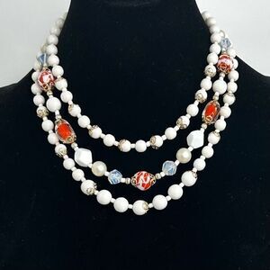 Vintage 1950's Japan Beaded Necklace 14"-18" White Orange 3-Strand Art-glass